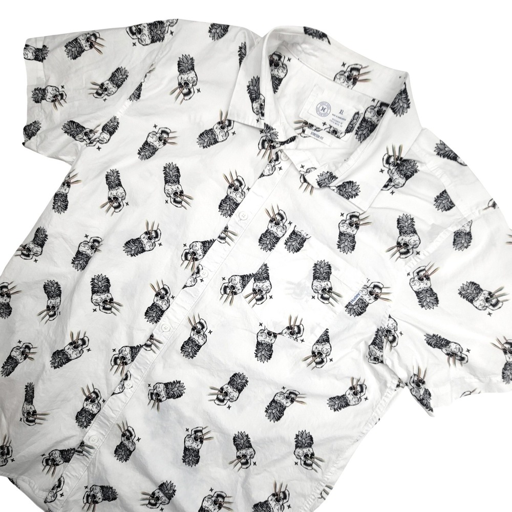 Hurley Mens Skull Rainbow Lasers Print Short Sleeve Shirt XL‎ Stretch Fit Cotton